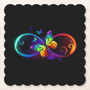 Vibrant infinity with rainbow butterfly on black paper coaster