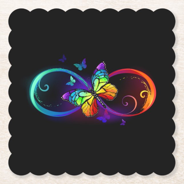 Vibrant infinity with rainbow butterfly on black paper coaster (Front)