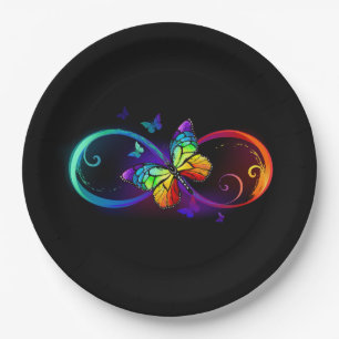 Vibrant infinity with rainbow butterfly on black paper plate