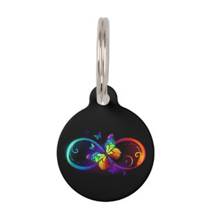 Vibrant infinity with rainbow butterfly on black pet tag