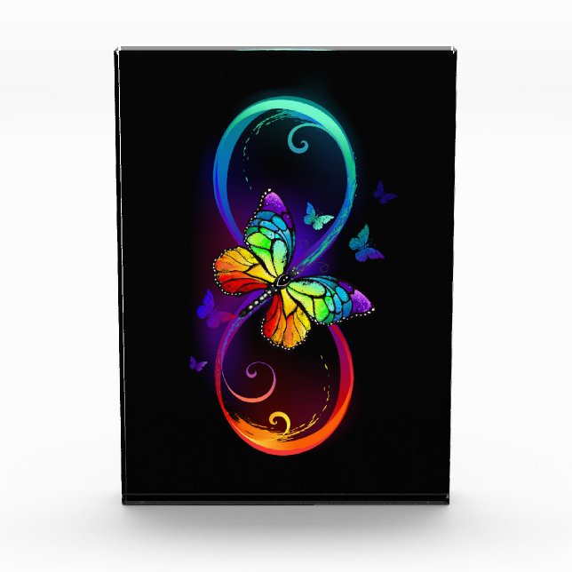 Vibrant infinity with rainbow butterfly on black photo block (Front)