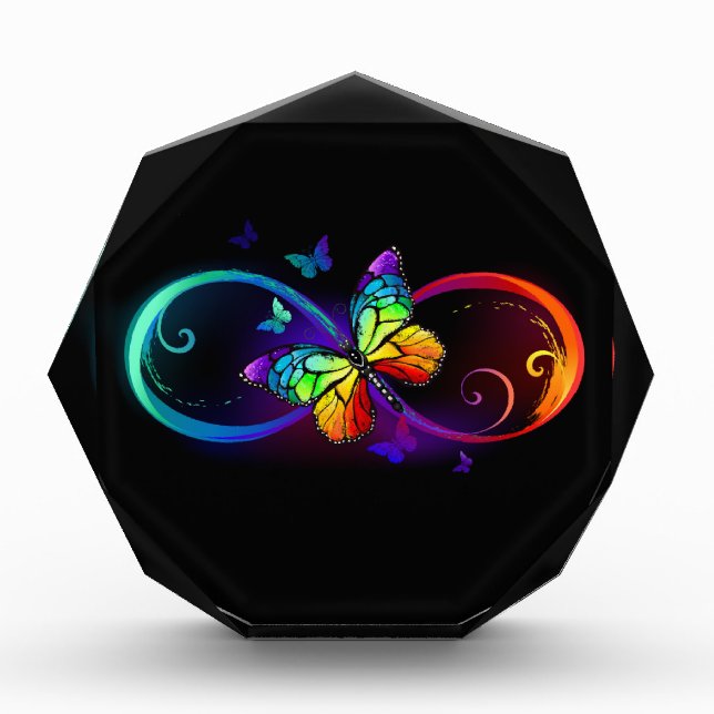 Vibrant infinity with rainbow butterfly on black photo block (Front)