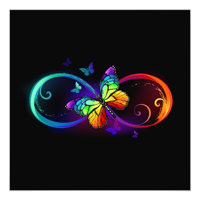 Vibrant infinity with rainbow butterfly on black photo print (Front)