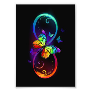 Vibrant infinity with rainbow butterfly on black photo print