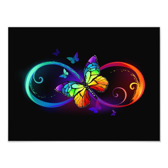 Vibrant infinity with rainbow butterfly on black  photo print (Front)