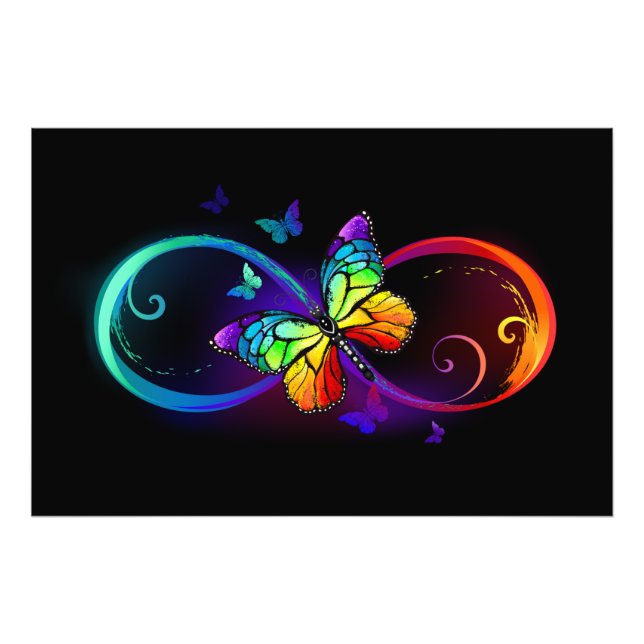 Vibrant infinity with rainbow butterfly on black  photo print (Front)