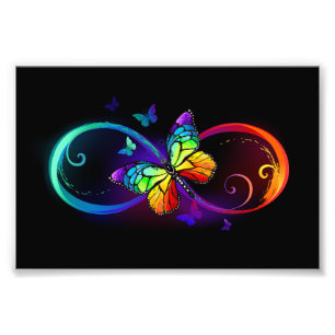 Vibrant infinity with rainbow butterfly on black photo print