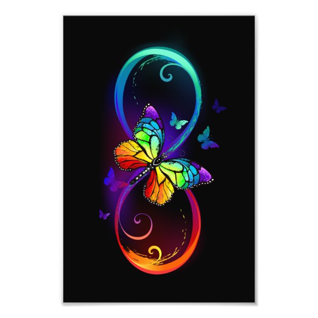 Vibrant infinity with rainbow butterfly on black photo print (Front)