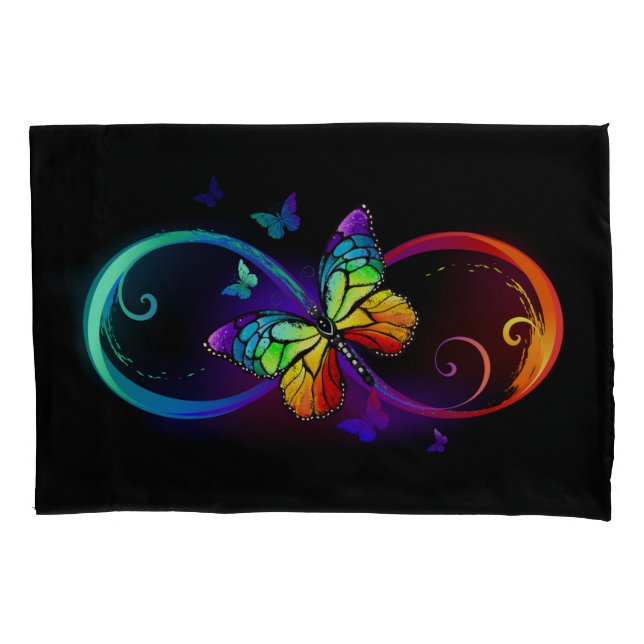 Vibrant infinity with rainbow butterfly on black pillowcase (Front)