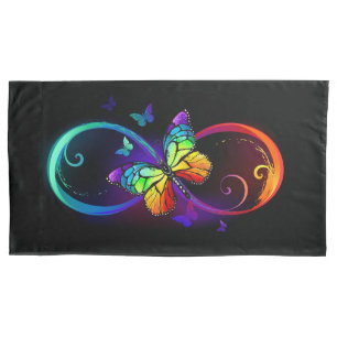 Vibrant infinity with rainbow butterfly on black pillowcase