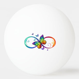 Vibrant infinity with rainbow butterfly on black ping pong ball