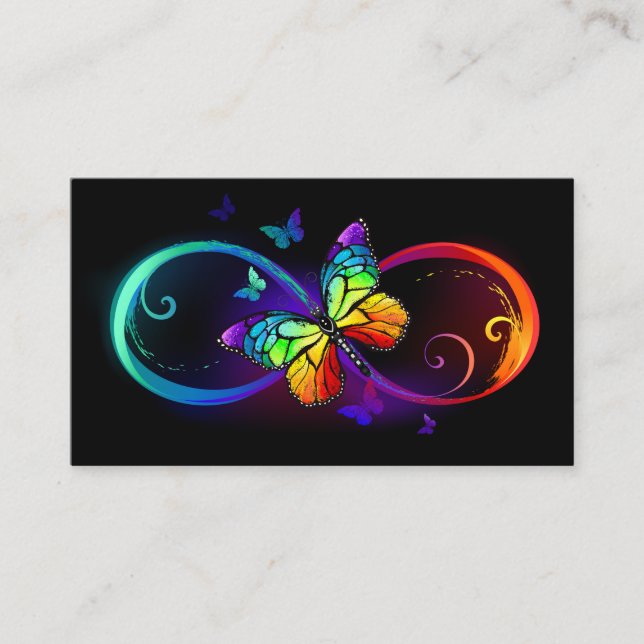 Vibrant infinity with rainbow butterfly on black place card (Front)