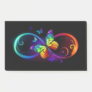 Vibrant infinity with rainbow butterfly on black post-it notes