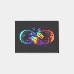 Vibrant infinity with rainbow butterfly on black post-it notes