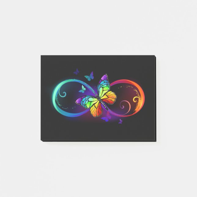 Vibrant infinity with rainbow butterfly on black post-it notes (Front)