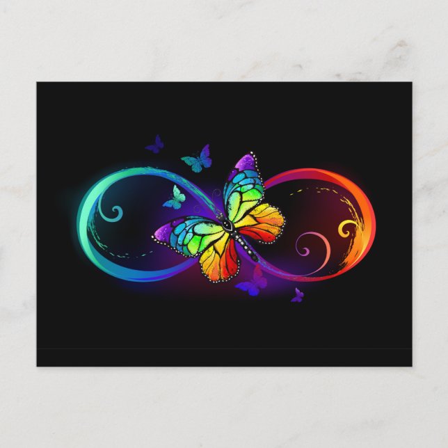 Vibrant infinity with rainbow butterfly on black postcard (Front)