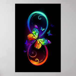 Vibrant infinity with rainbow butterfly on black poster