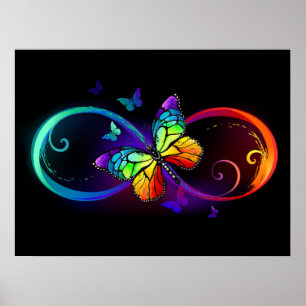 Vibrant infinity with rainbow butterfly on black poster