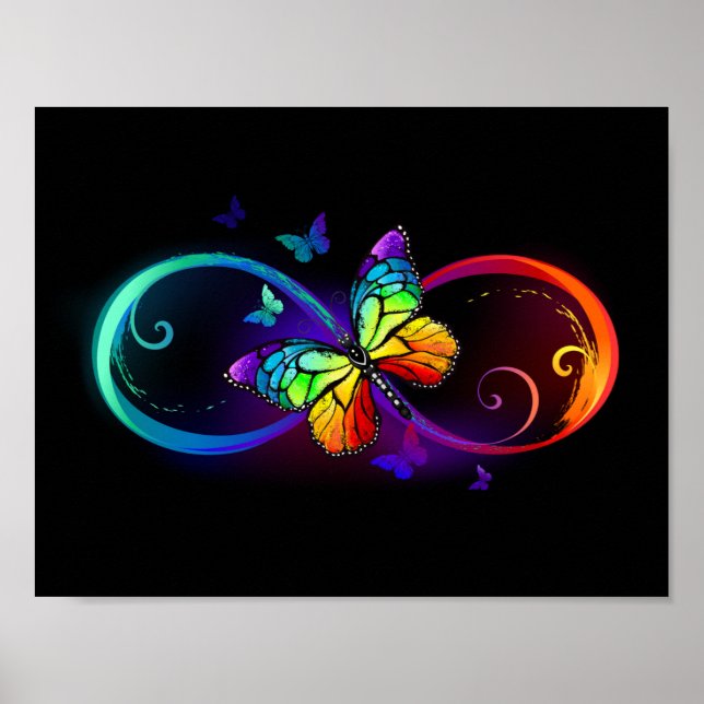 Vibrant infinity with rainbow butterfly on black poster (Front)