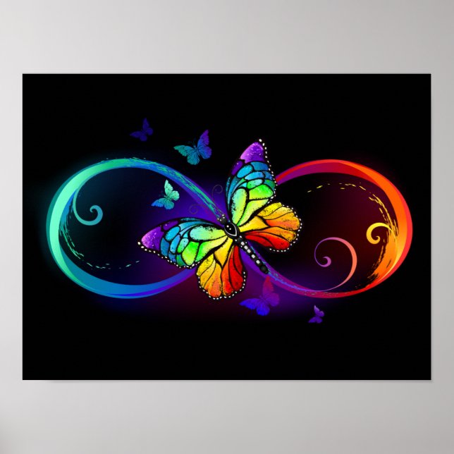 Vibrant infinity with rainbow butterfly on black poster (Front)