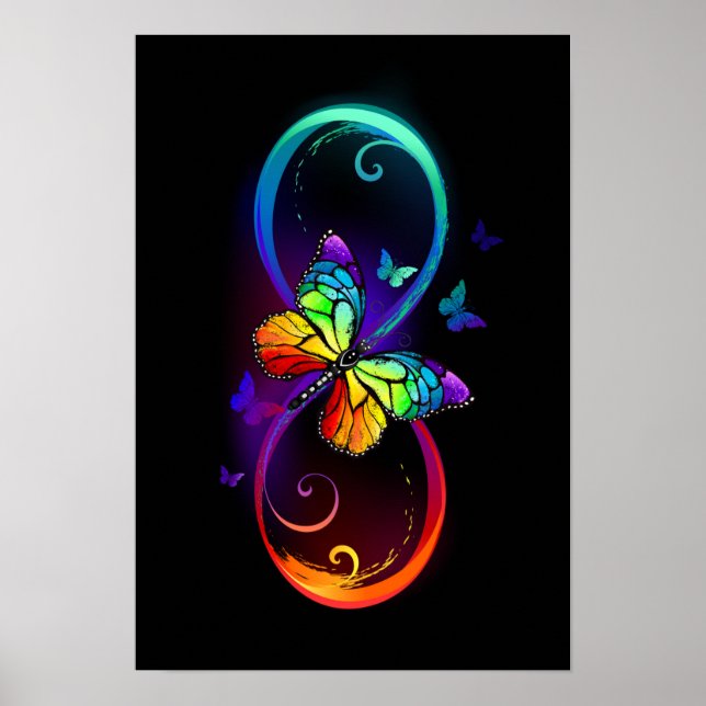 Vibrant infinity with rainbow butterfly on black poster (Front)