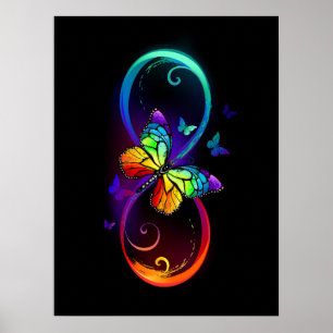 Vibrant infinity with rainbow butterfly on black poster