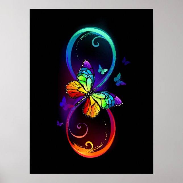 Vibrant infinity with rainbow butterfly on black  poster (Front)