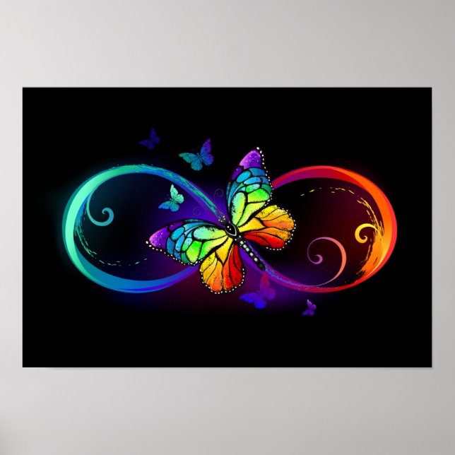 Vibrant infinity with rainbow butterfly on black poster (Front)
