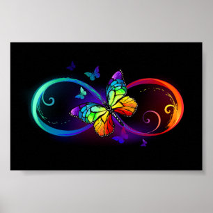 Vibrant infinity with rainbow butterfly on black  poster