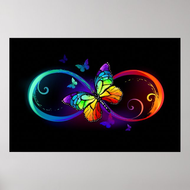 Vibrant infinity with rainbow butterfly on black poster (Front)