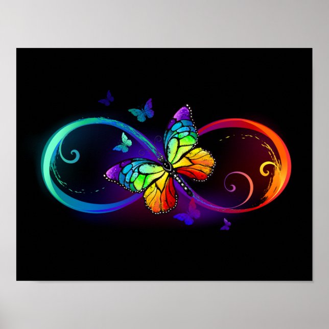 Vibrant infinity with rainbow butterfly on black poster (Front)
