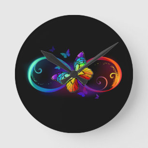 Vibrant infinity with rainbow butterfly on black round clock