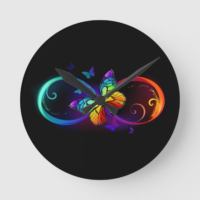 Vibrant infinity with rainbow butterfly on black  round clock (Front)