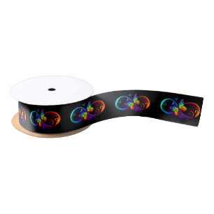 Vibrant infinity with rainbow butterfly on black satin ribbon
