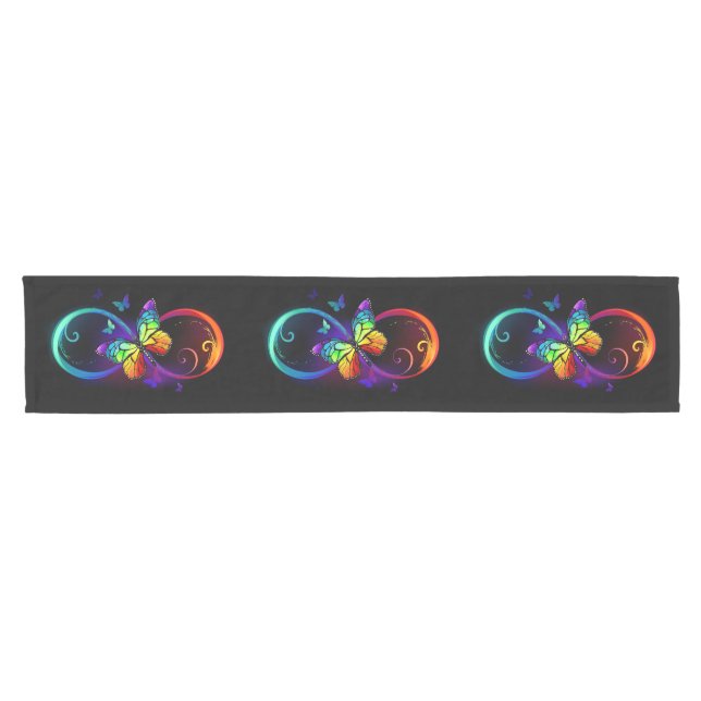 Vibrant infinity with rainbow butterfly on black short table runner (Horizontal)
