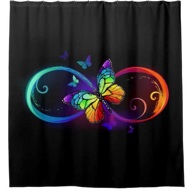 Vibrant infinity with rainbow butterfly on black  shower curtain (Front)