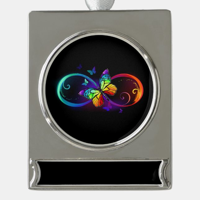 Vibrant infinity with rainbow butterfly on black silver plated banner ornament (Front)