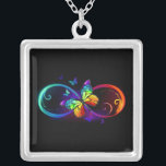 Vibrant infinity with rainbow butterfly on black silver plated necklace<br><div class="desc">Multicolor,  bright,  symbol of infinity with rainbow,  detailed butterfly monarch. Rainbow butterfly. Rainbow infinity.</div>