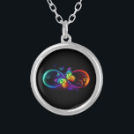 Vibrant infinity with rainbow butterfly on black silver plated necklace<br><div class="desc">Multicolor,  bright,  symbol of infinity with rainbow,  detailed butterfly monarch. Rainbow butterfly. Rainbow infinity.</div>