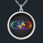 Vibrant infinity with rainbow butterfly on black silver plated necklace<br><div class="desc">Multicolor,  bright,  symbol of infinity with rainbow,  detailed butterfly monarch. Rainbow butterfly. Rainbow infinity.</div>
