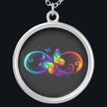 Vibrant infinity with rainbow butterfly on black silver plated necklace<br><div class="desc">Multicolor,  bright,  symbol of infinity with rainbow,  detailed butterfly monarch. Rainbow butterfly. Rainbow infinity.</div>