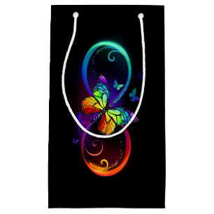 Vibrant infinity with rainbow butterfly on black  small gift bag