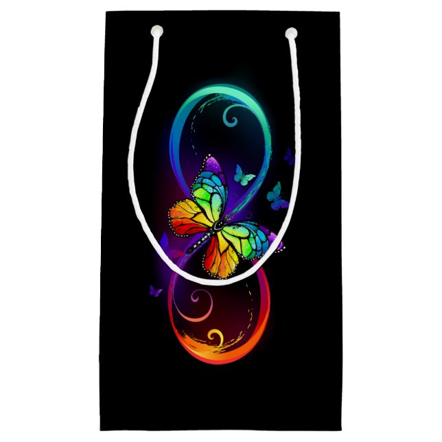 Vibrant infinity with rainbow butterfly on black  small gift bag (Front)