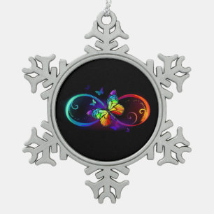 Vibrant infinity with rainbow butterfly on black  snowflake pewter christmas ornament
