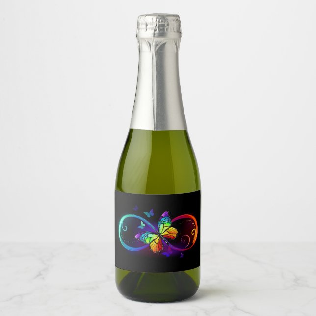Vibrant infinity with rainbow butterfly on black  sparkling wine label (Front)