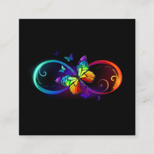 Vibrant infinity with rainbow butterfly on black square business card