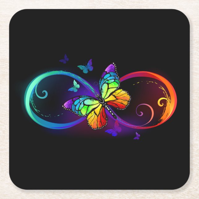 Vibrant infinity with rainbow butterfly on black  square paper coaster (Front)