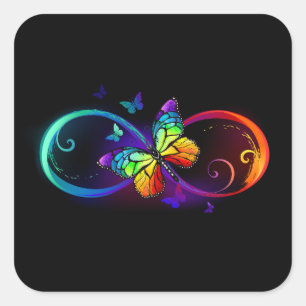 Vibrant infinity with rainbow butterfly on black square sticker