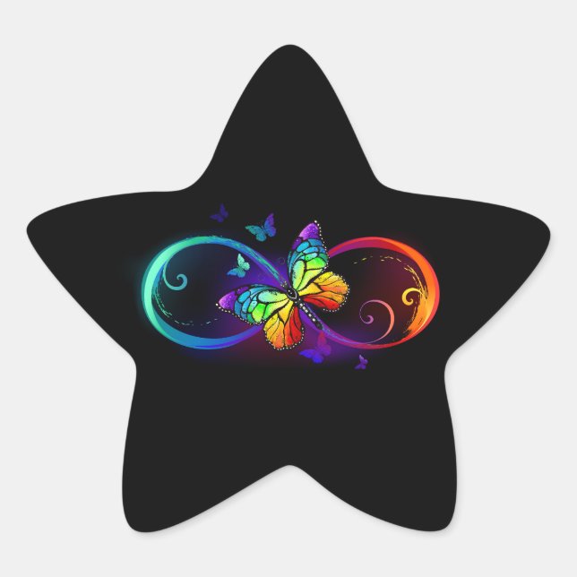 Vibrant infinity with rainbow butterfly on black star sticker (Front)