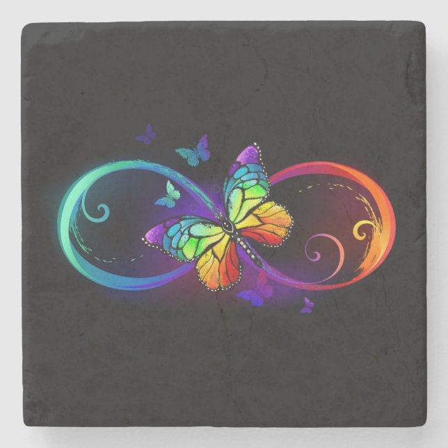 Vibrant infinity with rainbow butterfly on black stone coaster (Front)